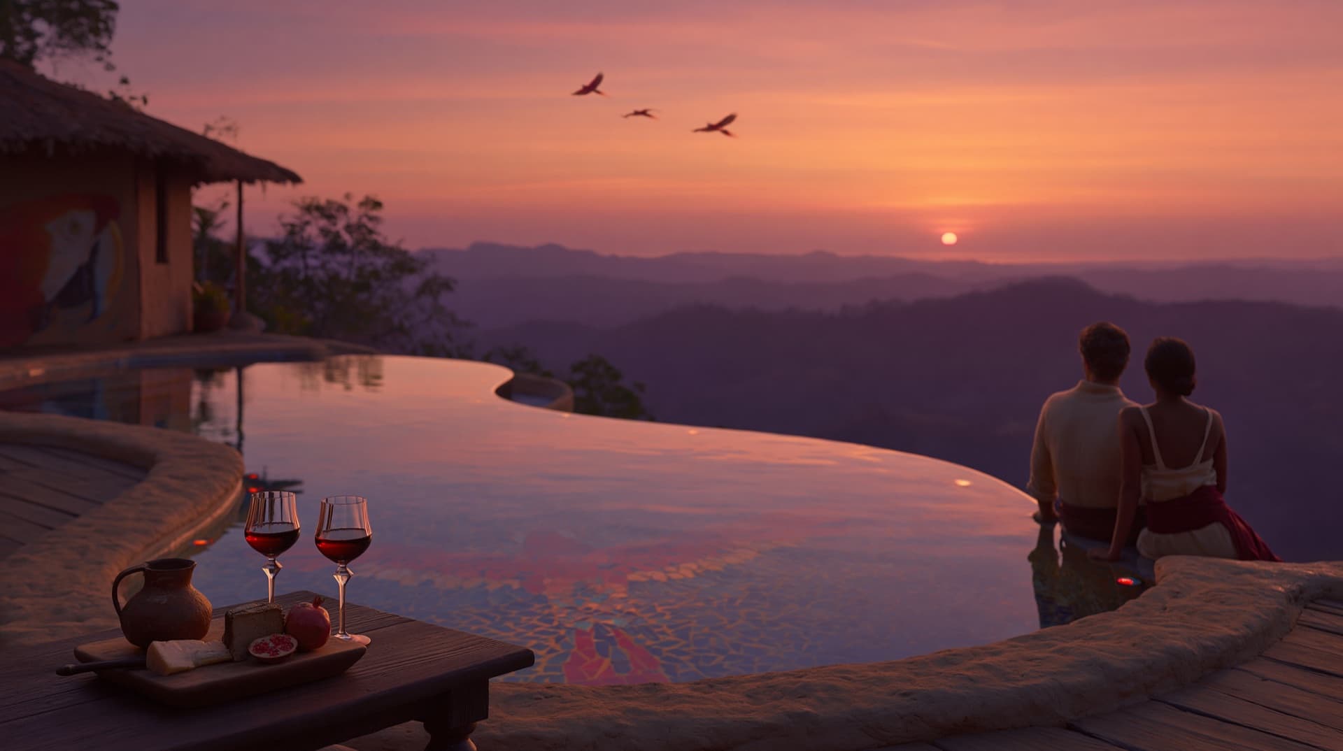 Pareja al atardecer en la infinity pool de un eco-lodge en Los Loros, con guacamayos cruzando el cielo sobre la cordillera